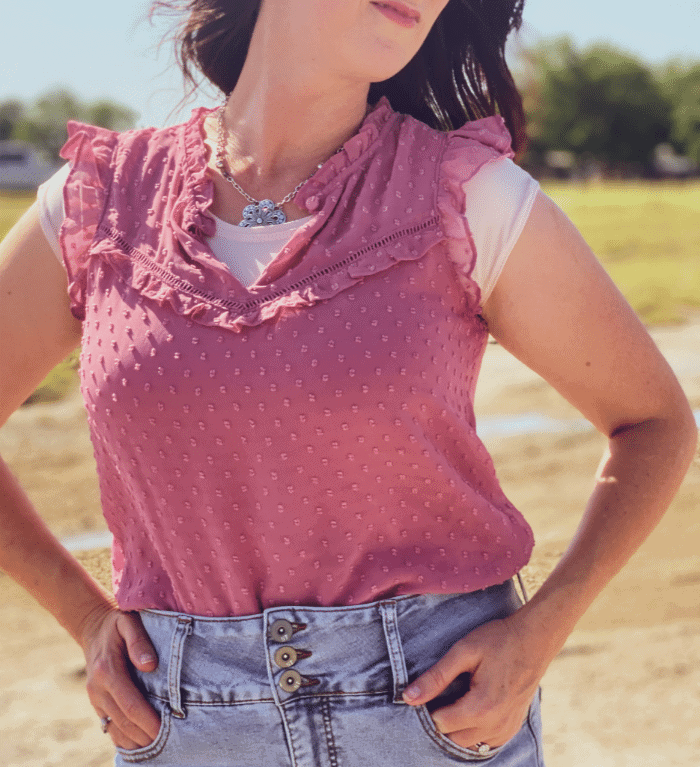 Pink Swiss dot flutter-sleeve top with a vintage pink cap-sleeve HalfTee.