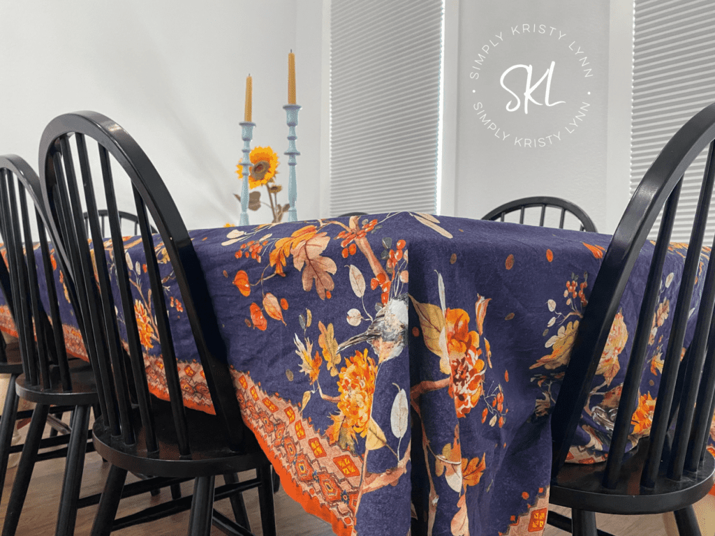 Navy and orange table cloth, by Maison d' Hermine